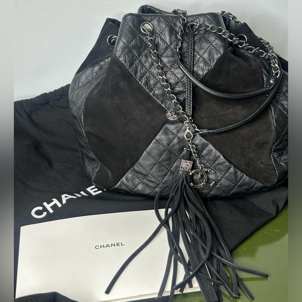 Chanel goat skin suede calf skin patchwork Drawstring purse